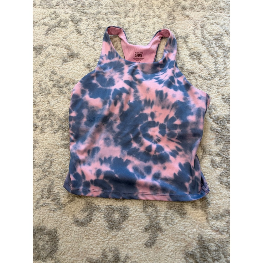 Athleta Girl Tie Dye High Neck Tank Top with Built In Bra Pink Navy Blue L 12